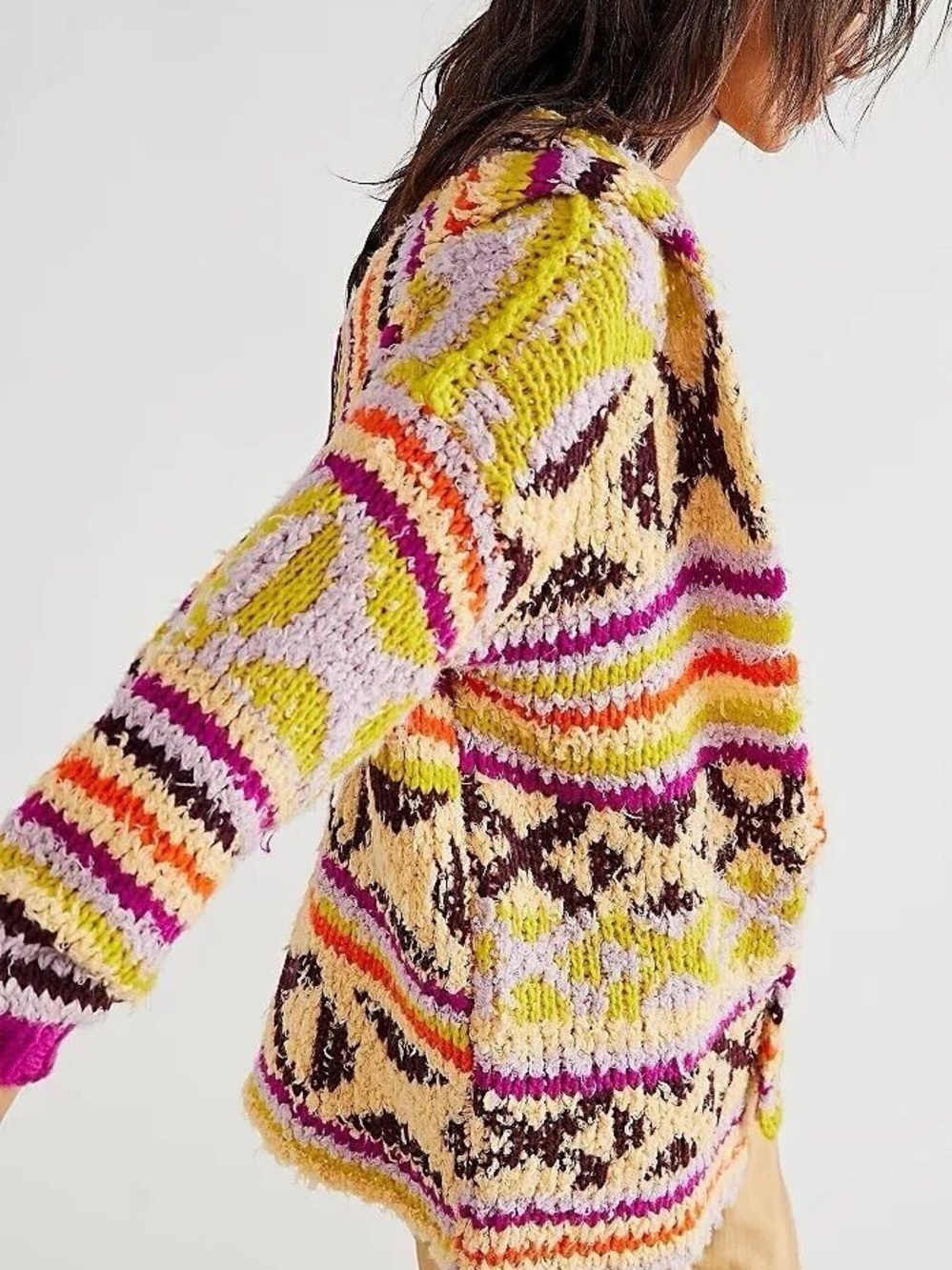 Free People Peggy Pure Purple Multicolor Southwestern Hoodie Knit Cardigan - Picture 2 of 3
